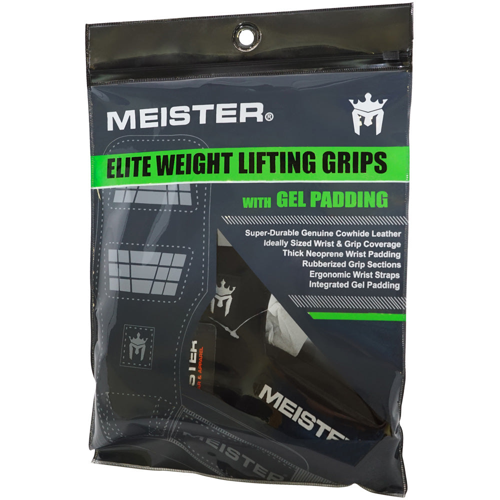 Meister Elite Leather Lifting Grips w/ Gel Padding (Pair) [1086LGBK